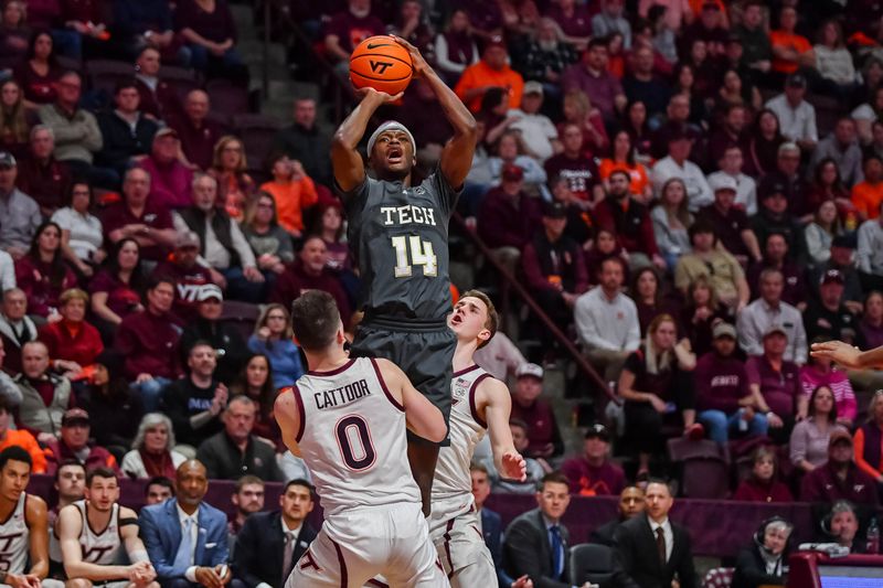 Jan 27, 2024; Blacksburg, Virginia, USA; Georgia Tech Yellow Jackets guard Kowacie Reeves Jr. (14) shoots while being defended by Virginia Tech Hokies guard Hunter Cattoor (0) during the first half at Cassell Coliseum. Mandatory Credit: Brian Bishop-USA TODAY Sports