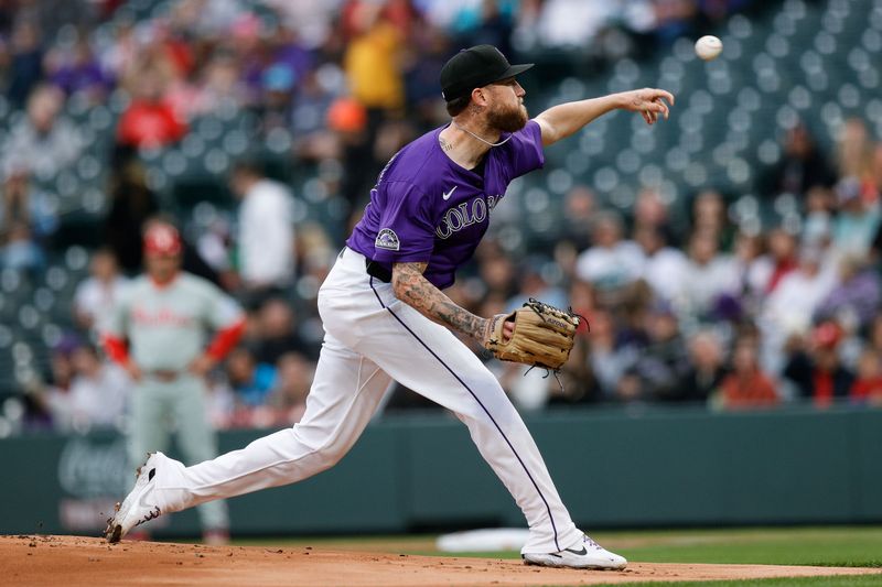 May 19, 2025; Denver, Colorado, USA; Colorado Rockies starting pitcher Kyle Freeland (21) pitches in the first inning against the Philadelphia Phillies at Coors Field. Mandatory Credit: Isaiah J. Downing-Imagn Images