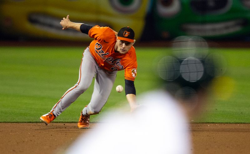 Aug 19, 2023; Oakland, California, USA; Baltimore Orioles third baseman Gunnar Henderson (2) plays a soft liner by Oakland Athletics shortstop Nick Allen (2) during the ninth inning at Oakland-Alameda County Coliseum. Mandatory Credit: D. Ross Cameron-USA TODAY Sports