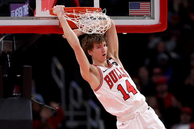 CHICAGO, ILLINOIS - FEBRUARY 04: Matas Buzelis #14 of the Chicago Bulls in action against the Miami Heat at the United Center on February 04, 2025 in Chicago, Illinois. NOTE TO USER: User expressly acknowledges and agrees that, by downloading and or using this photograph, user is consenting to the terms and conditions of the Getty Images License Agreement.  (Photo by Luke Hales/Getty Images)