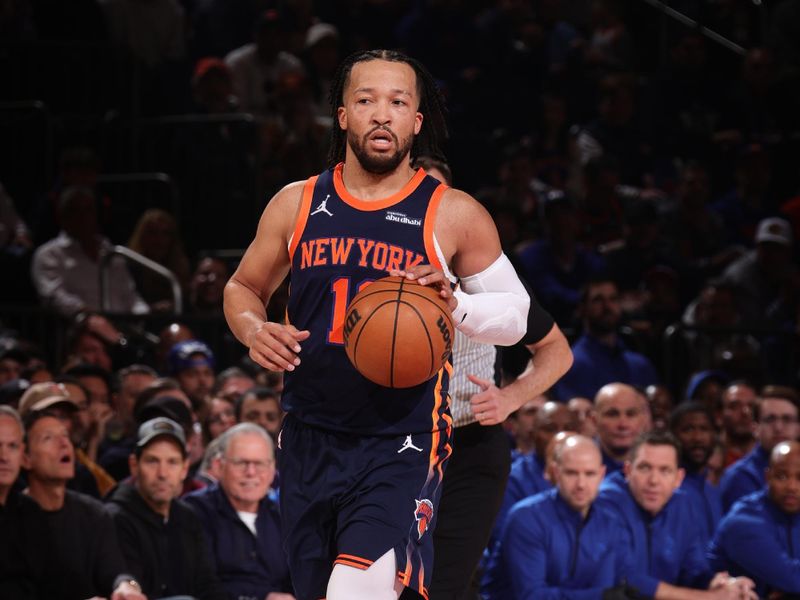 NEW YORK, NY - APRIL 21:  Jalen Brunson #11 of the New York Knicks dribbles the ball during the game against the Detroit Pistons during Round 1 Game 2 of the 2025 NBA Playoffs on April 21, 2025 at Madison Square Garden in New York City, New York.  NOTE TO USER: User expressly acknowledges and agrees that, by downloading and or using this photograph, User is consenting to the terms and conditions of the Getty Images License Agreement. Mandatory Copyright Notice: Copyright 2025 NBAE  (Photo by Nathaniel S. Butler/NBAE via Getty Images)