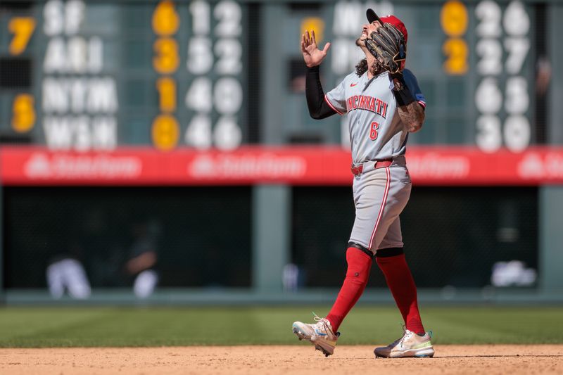 Jun 5, 2024; Denver, Colorado, USA; Cincinnati Reds second base Jonathan India (6) reacts after winning against the Colorado Rockies at Coors Field. Mandatory Credit: Andrew Wevers-USA TODAY Sports