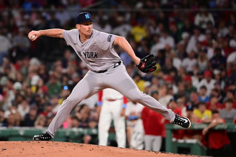 Jun 16, 2024; Boston, Massachusetts, USA; New York Yankees relief pitcher Michael Tonkin (50) pitches against the Boston Red Sox during the eighth inning at Fenway Park. Mandatory Credit: Eric Canha-USA TODAY Sports