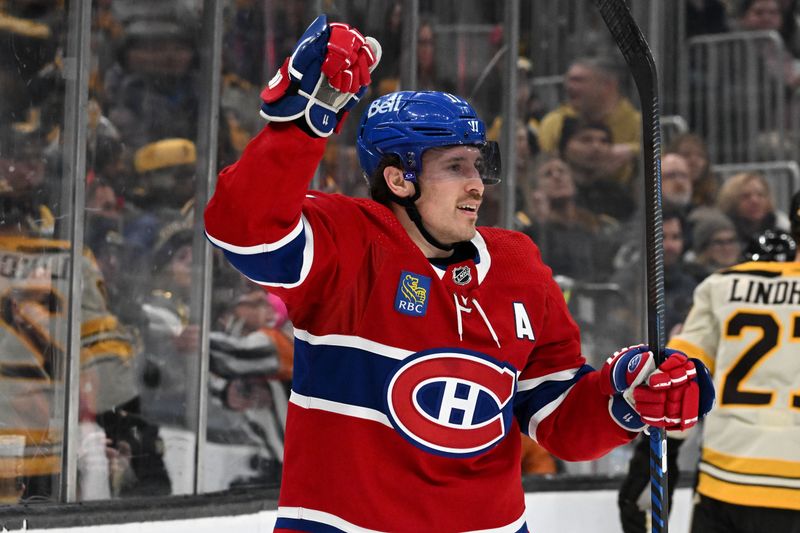 Jan 20, 2024; Boston, Massachusetts, USA; Montreal Canadiens right wing Brendan Gallagher (11) reacts after scoring a goal against the Boston Bruins during the second period at the TD Garden. Mandatory Credit: Brian Fluharty-USA TODAY Sports