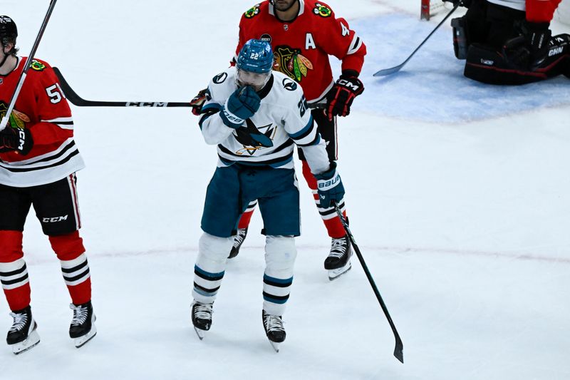 Jan 16, 2024; Chicago, Illinois, USA; San Jose Sharks center Ryan Carpenter (22) reacts after scoring against the Chicago Blackhawks during the third period at United Center. Mandatory Credit: Matt Marton-USA TODAY Sports