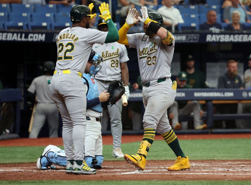 May 30, 2024; St. Petersburg, Florida, USA; Oakland Athletics third base coach Eric Martins (3) is congratulated by outfielder Miguel Andujar (22) after hitting a two-run home run against the Tampa Bay Rays during the third inning at Tropicana Field. Mandatory Credit: Kim Klement Neitzel-USA TODAY Sports