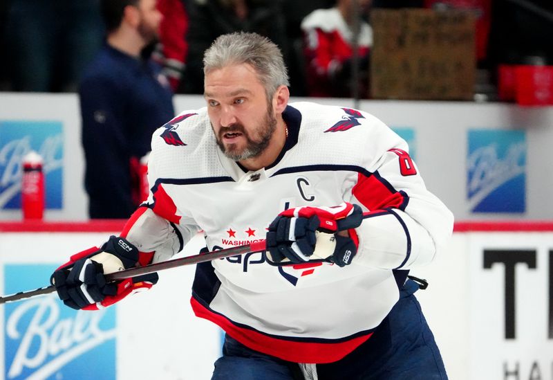 Jan 24, 2023; Denver, Colorado, USA; Washington Capitals left wing Alex Ovechkin (8 warms up before the game against the Colorado Avalanche at Ball Arena. Mandatory Credit: Ron Chenoy-USA TODAY Sports