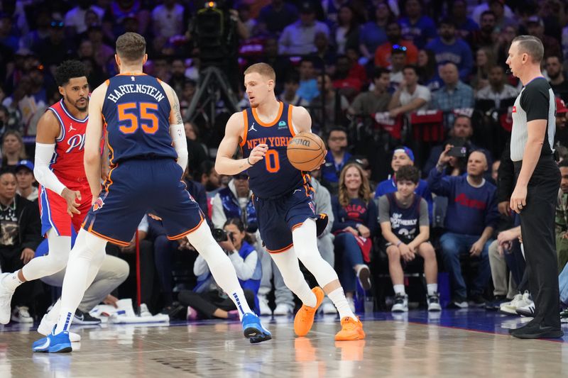 PHILADELPHIA, PA - APRIL 28: Donte Divincenzo #0 of the New York Knicks dribbles the ball during the game against the Philadelphia 76ers during Round 1 Game 4 of the 2024 NBA Playoffs on April 28, 2024 at the Wells Fargo Center in Philadelphia, Pennsylvania NOTE TO USER: User expressly acknowledges and agrees that, by downloading and/or using this Photograph, user is consenting to the terms and conditions of the Getty Images License Agreement. Mandatory Copyright Notice: Copyright 2024 NBAE (Photo by Jesse D. Garrabrant/NBAE via Getty Images)