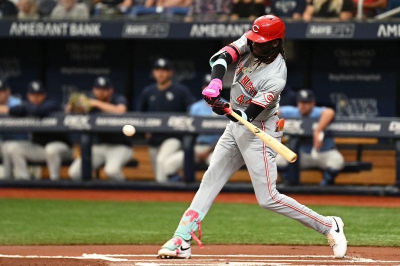 Jul 28, 2024; St. Petersburg, Florida, USA; Cincinnati Reds short stop Elly De La Cruz (44) singles  in the first inning against the Tampa Bay Rays at Tropicana Field. Mandatory Credit: Jonathan Dyer-USA TODAY Sports