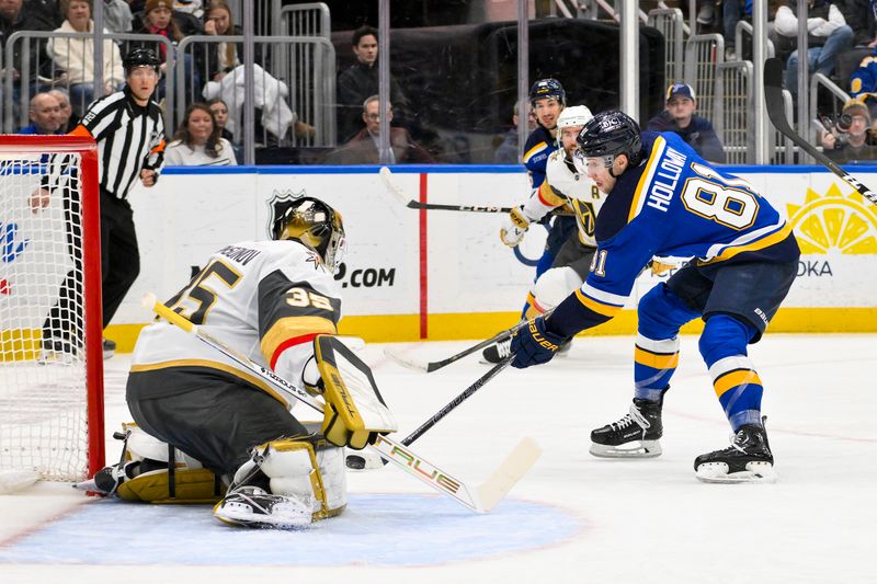 Jan 23, 2025; St. Louis, Missouri, USA;  St. Louis Blues center Dylan Holloway (81) shoots against Vegas Golden Knights goaltender Ilya Samsonov (35) during the second period at Enterprise Center. Mandatory Credit: Jeff Curry-Imagn Images