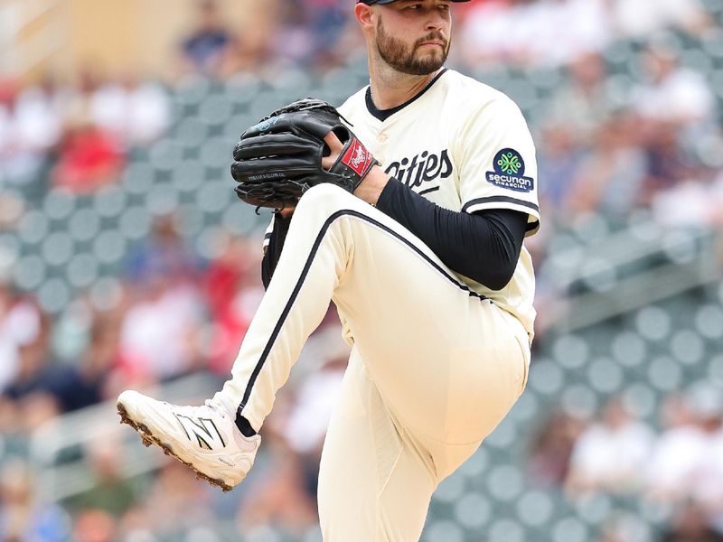 Aug 17, 2025; Minneapolis, Minnesota, USA; Minnesota Twins starting pitcher Thomas Hatch (56) delivers a pitch against the Detroit Tigers during the first inning at Target Field. Mandatory Credit: Matt Krohn-Imagn Images
