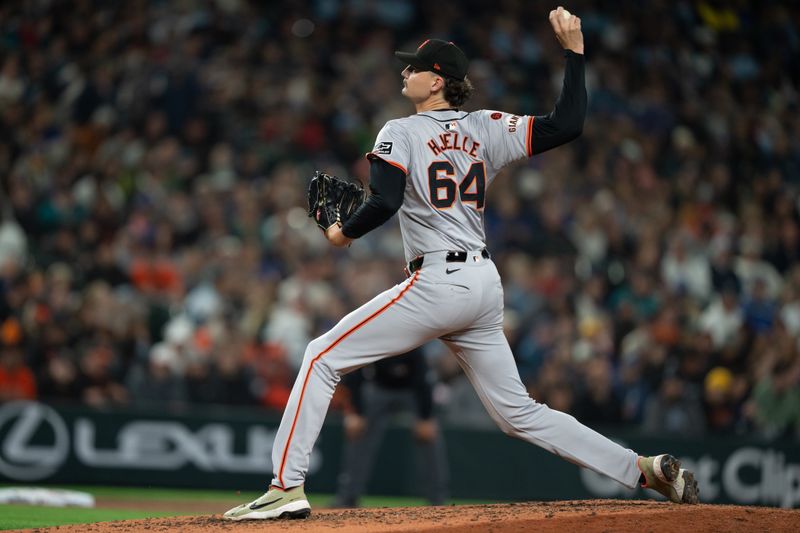 Aug 23, 2024; Seattle, Washington, USA; San Francisco Giants reliever Sean Hjelle (64) delivers a pitch during the fifth inning against the Seattle Mariners at T-Mobile Park. Mandatory Credit: Stephen Brashear-USA TODAY Sports