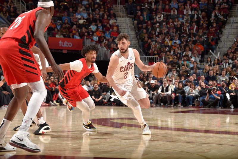 CLEVELAND, OH - MARCH 2: Ty Jerome #2 of the Cleveland Cavaliers handles the ball during the game against the Portland Trail Blazers on March 2, 2025 at Rocket Arena in Cleveland, Ohio. NOTE TO USER: User expressly acknowledges and agrees that, by downloading and/or using this Photograph, user is consenting to the terms and conditions of the Getty Images License Agreement. Mandatory Copyright Notice: Copyright 2025 NBAE (Photo by David Liam Kyle/NBAE via Getty Images)