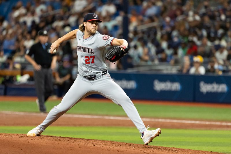 Jun 29, 2024; St. Petersburg, Florida, USA; Washington Nationals pitcher Jake Irvin (27) pitches the ball against the Tampa Bay Rays during the third inning at Tropicana Field. Mandatory Credit: Matt Pendleton-USA TODAY Sports