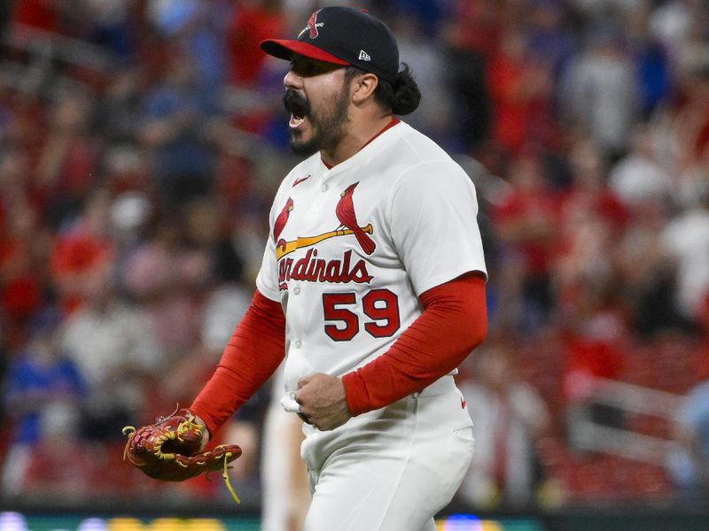 Aug 10, 2025; St. Louis, Missouri, USA;  St. Louis Cardinals relief pitcher JoJo Romero (59) reacts after the Cardinals defeated the Chicago Cubs at Busch Stadium. Mandatory Credit: Jeff Curry-Imagn Images