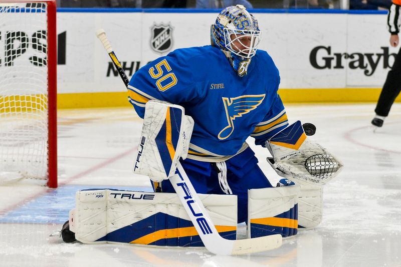 Nov 9, 2024; St. Louis, Missouri, USA;  St. Louis Blues goaltender Jordan Binnington (50) defends the net against the Washington Capitals during the first period at Enterprise Center. Mandatory Credit: Jeff Curry-Imagn Images