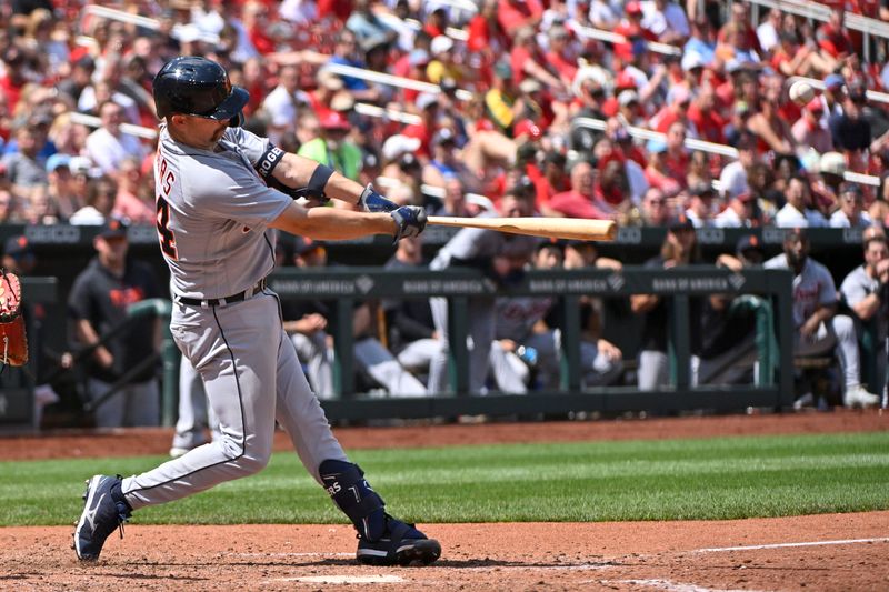 May 7, 2023; St. Louis, Missouri, USA;  Detroit Tigers catcher Jake Rogers (34) hits a grand slam against the St. Louis Cardinals during the sixth inning at Busch Stadium. Mandatory Credit: Jeff Curry-USA TODAY Sports