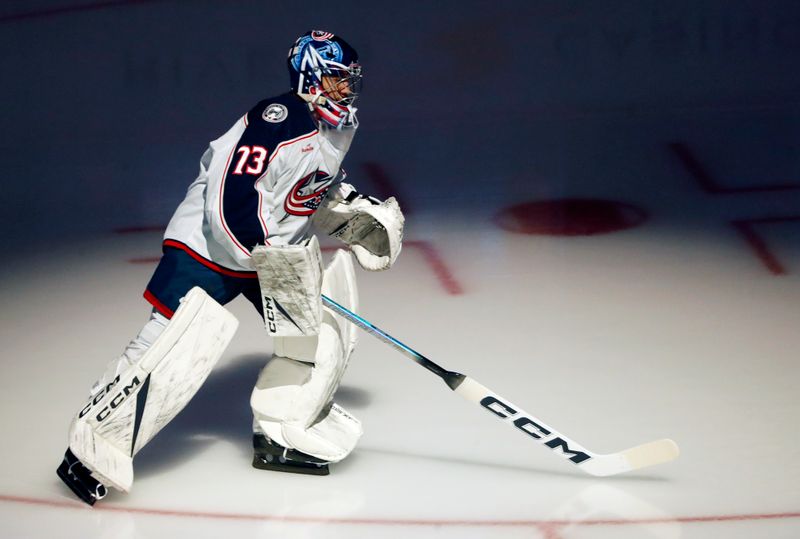 Mar 5, 2024; Pittsburgh, Pennsylvania, USA;  Columbus Blue Jackets goaltender Jet Greaves (73) takes the ice to warm up before the game against the Pittsburgh Penguins at PPG Paints Arena. Mandatory Credit: Charles LeClaire-USA TODAY Sports