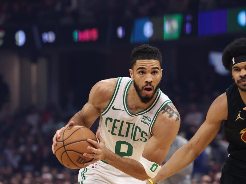 CLEVELAND, OH - MARCH 5: Jayson Tatum #0 of the Boston Celtics drives to the basket during the game against the Cleveland Cavaliers on March 5, 2024 at Rocket Mortgage FieldHouse in Cleveland, Ohio. NOTE TO USER: User expressly acknowledges and agrees that, by downloading and/or using this Photograph, user is consenting to the terms and conditions of the Getty Images License Agreement. Mandatory Copyright Notice: Copyright 2024 NBAE (Photo by Lauren Leigh Bacho /NBAE via Getty Images)