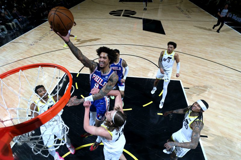 SALT LAKE CITY, UT - FEBRUARY 1: Kelly Oubre Jr. #9 of the Philadelphia 76ers drives to the basket during the game against the Utah Jazz on February 1, 2024 at Delta Center in Salt Lake City, Utah. NOTE TO USER: User expressly acknowledges and agrees that, by downloading and or using this Photograph, User is consenting to the terms and conditions of the Getty Images License Agreement. Mandatory Copyright Notice: Copyright 2024 NBAE (Photo by Melissa Majchrzak/NBAE via Getty Images)