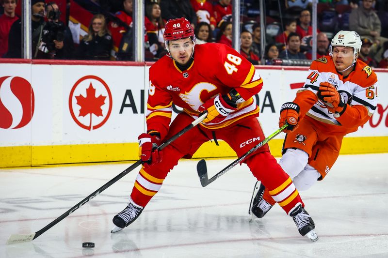 Jan 25, 2026; Calgary, Alberta, CAN; Calgary Flames defenseman Hunter Brzustewicz (48) controls the puck against Anaheim Ducks center Mikael Granlund (64) during the first period at Scotiabank Saddledome. Mandatory Credit: Sergei Belski-Imagn Images