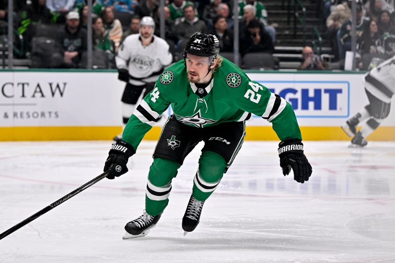 Dec 15, 2025; Dallas, Texas, USA; Dallas Stars center Roope Hintz (24) skates the Los Angeles Kings during the second period at the American Airlines Center. Mandatory Credit: Jerome Miron-Imagn Images