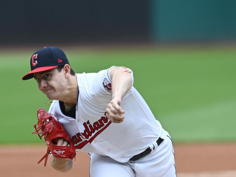 Jun 22, 2023; Cleveland, Ohio, USA; Cleveland Guardians starting pitcher Logan Allen (41) throws a pitch during the first inning against the Oakland Athletics at Progressive Field. Mandatory Credit: Ken Blaze-USA TODAY Sports