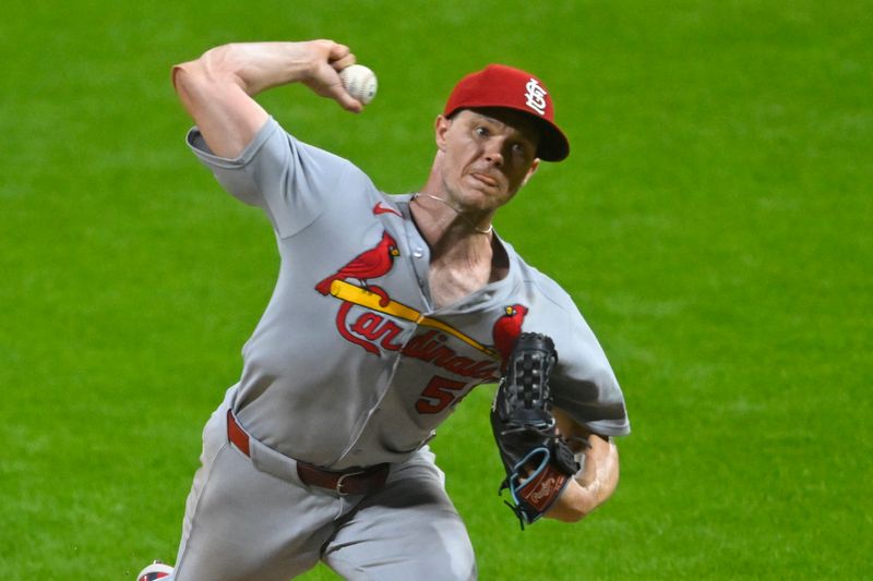 Jun 27, 2025; Cleveland, Ohio, USA; St. Louis Cardinals starting pitcher Sonny Gray (54) delivers a pitch in the ninth inning against the Cleveland Guardians at Progressive Field. Mandatory Credit: David Richard-Imagn Images