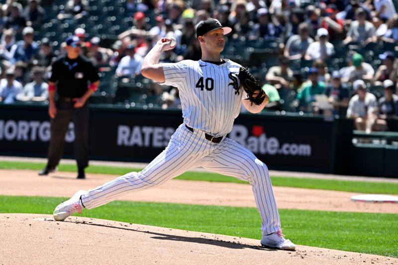 May 12, 2024; Chicago, Illinois, USA;  Chicago White Sox pitcher Michael Soroka (40) drivers against the Cleveland Guardians during the first inning at Guaranteed Rate Field. Mandatory Credit: Matt Marton-USA TODAY Sports