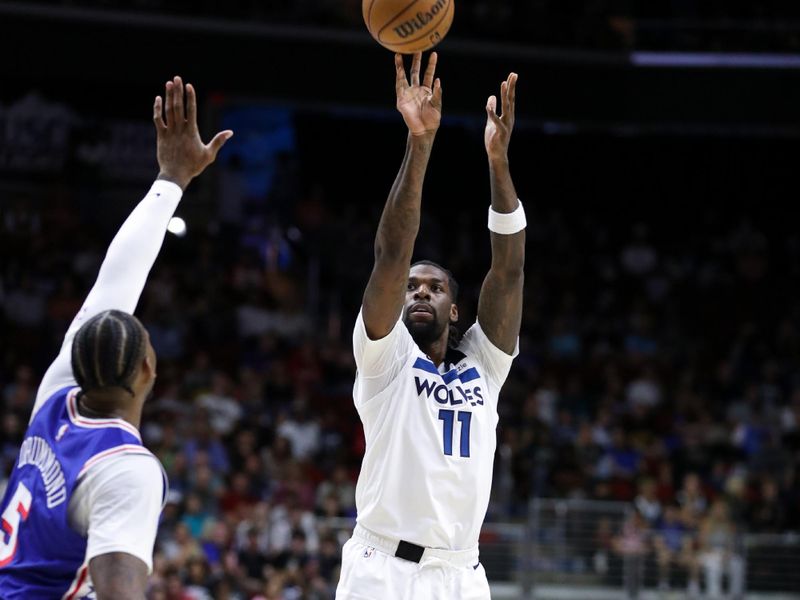 DES MOINES, IA -  OCTOBER 11: Naz Reid #11 of the Minnesota Timberwolves shoots the ball during the game against the Philadelphia 76ers during a NBA pre season game on October 11, 2024 at the Wells Fargo Arena in Des Moines, Iowa. NOTE TO USER: User expressly acknowledges and agrees that, by downloading and or using this Photograph, user is consenting to the terms and conditions of the Getty Images License Agreement. Mandatory Copyright Notice: Copyright 2024 NBAE (Photo by Jasey Bradwell/NBAE via Getty Images)