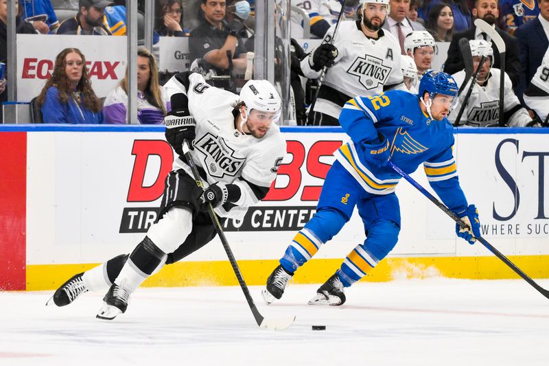 Oct 21, 2025; St. Louis, Missouri, USA; Los Angeles Kings right wing Adrian Kempe (9) controls the puck against the St. Louis Blues during the second period at Enterprise Center. Mandatory Credit: Jeff Curry-Imagn Images