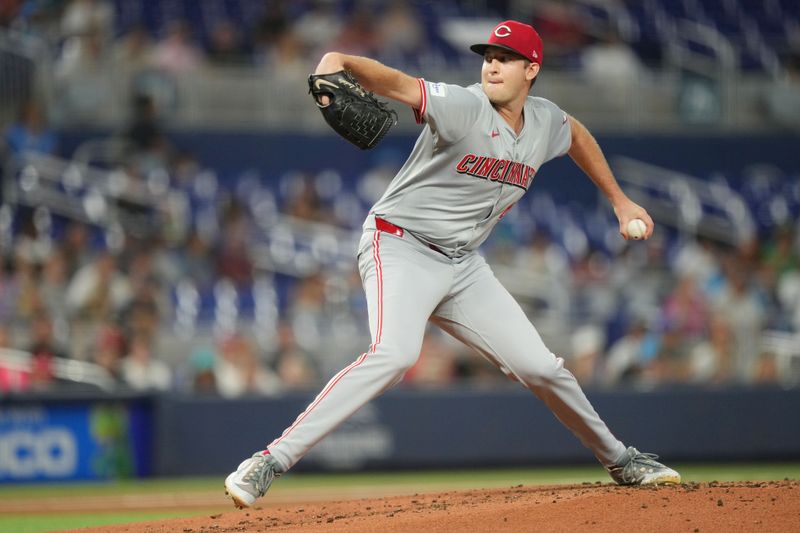 Aug 6, 2024; Miami, Florida, USA;  Cincinnati Reds starting pitcher Nick Lodolo (40) pitches against the Miami Marlins in the first inning at loanDepot Park. Mandatory Credit: Jim Rassol-USA TODAY Sports