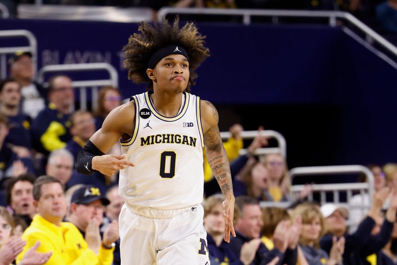 Feb 8, 2023; Ann Arbor, Michigan, USA;  Michigan Wolverines guard Dug McDaniel (0) celebrates a three point basket in the second half against the Nebraska Cornhuskers at Crisler Center. Mandatory Credit: Rick Osentoski-USA TODAY Sports