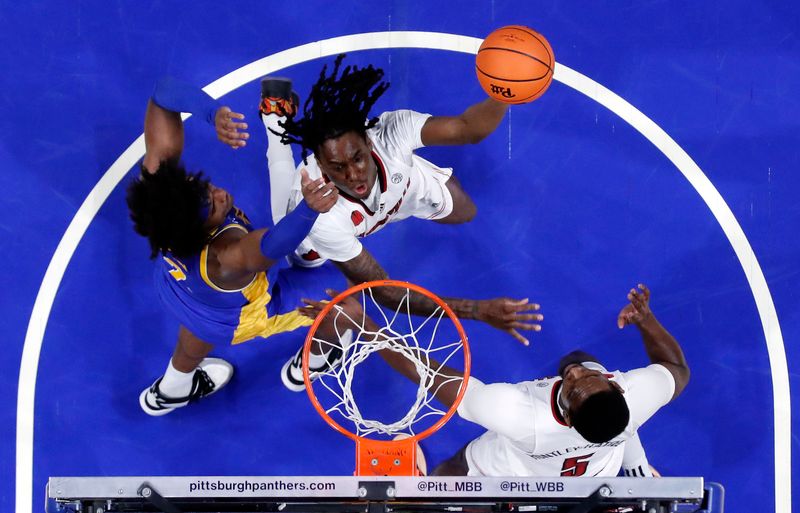 Feb 17, 2024; Pittsburgh, Pennsylvania, USA;  Louisville Cardinals Mike James (top) goes to the basket against Pittsburgh Panthers forward Blake Hinson (2) during the second half at the Petersen Events Center. Pittsburgh won 86-59. Mandatory Credit: Charles LeClaire-USA TODAY Sports