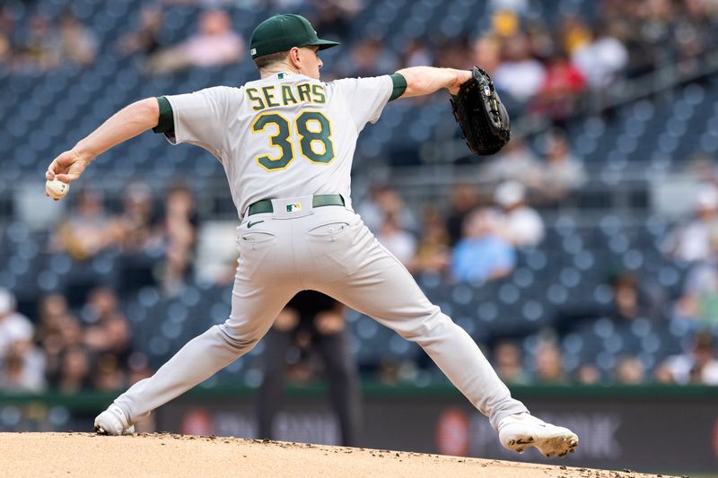 Jun 5, 2023; Pittsburgh, Pennsylvania, USA;  Oakland Athletics starting pitcher JP Sears (38) pitches to the Pittsburgh Pirates during the first inning at PNC Park. Mandatory Credit: Scott Galvin-USA TODAY Sports