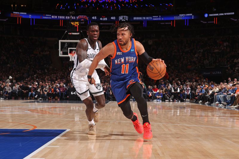 NEW YORK, NY - MARCH 23: Jalen Brunson #11 of the New York Knicks handles the ball during the game against the Brooklyn Nets on March 23, 2024 at Madison Square Garden in New York City, New York.  NOTE TO USER: User expressly acknowledges and agrees that, by downloading and or using this photograph, User is consenting to the terms and conditions of the Getty Images License Agreement. Mandatory Copyright Notice: Copyright 2024 NBAE  (Photo by Nathaniel S. Butler/NBAE via Getty Images)