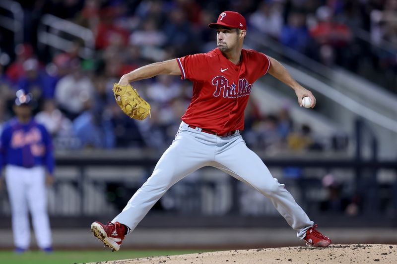 Sep 30, 2023; New York City, New York, USA; Philadelphia Phillies starting pitcher Michael Plassmeyer (49) pitches against the New York Mets during the first inning at Citi Field. Mandatory Credit: Brad Penner-USA TODAY Sports