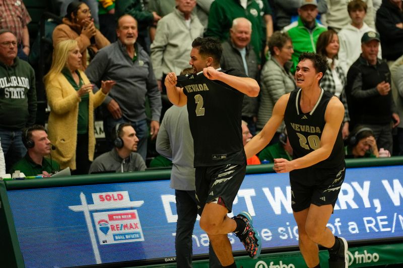 Feb 27, 2024; Fort Collins, Colorado, USA; Nevada Wolf Pack guard Jarod Lucas (2) celebrates hitting the three-point buzzer beater shot to defeat Colorado State Rams 77-74 at Moby Arena. Mandatory Credit: Michael Madrid-USA TODAY Sports