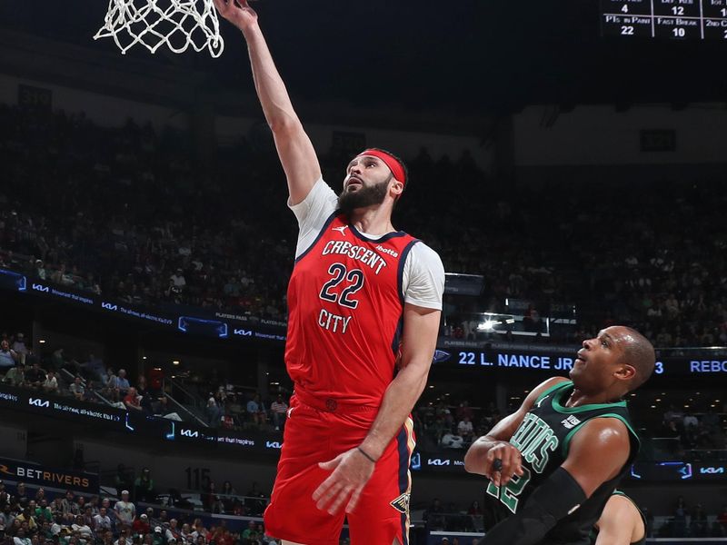 NEW ORLEANS, LA - MARCH 30: Larry Nance Jr. #22 of the New Orleans Pelicans drives to the basket during the game against the Boston Celtics on March 30, 2024 at the Smoothie King Center in New Orleans, Louisiana. NOTE TO USER: User expressly acknowledges and agrees that, by downloading and or using this Photograph, user is consenting to the terms and conditions of the Getty Images License Agreement. Mandatory Copyright Notice: Copyright 2024 NBAE (Photo by Layne Murdoch Jr./NBAE via Getty Images)