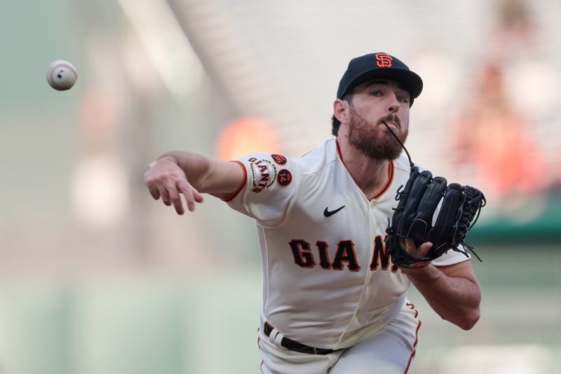 Aug 14, 2023; San Francisco, California, USA; San Francisco Giants starting pitcher Ryan Walker (74) throws a pitch against the Tampa Bay Rays during the first inning at Oracle Park. Mandatory Credit: Robert Edwards-USA TODAY Sports