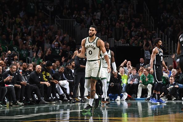 BOSTON, MA - NOVEMBER 10: Jayson Tatum #0 of the Boston Celtics celebrates during the game against the Brooklyn Nets during the In-Season Tournament on November 10, 2023 at the TD Garden in Boston, Massachusetts. NOTE TO USER: User expressly acknowledges and agrees that, by downloading and or using this photograph, User is consenting to the terms and conditions of the Getty Images License Agreement. Mandatory Copyright Notice: Copyright 2023 NBAE  (Photo by Brian Babineau/NBAE via Getty Images)