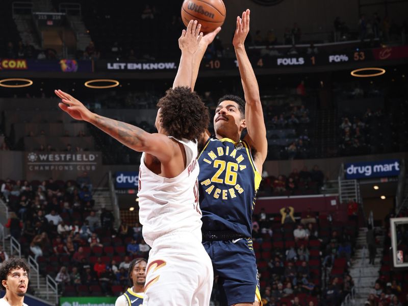 Cleveland, OH - OCTOBER 10: Ben Sheppard #26 of the Indiana Pacers shoots the ball during the game against the Cleveland Cavaliers during a NBA pre season game on October 10, 2024 at Rocket Mortgage Fieldhouse in Cleveland, Ohio. NOTE TO USER: User expressly acknowledges and agrees that, by downloading and or using this photograph, User is consenting to the terms and conditions of the Getty Images License Agreement. Mandatory Copyright Notice: Copyright 2024 NBAE (Photo by Jeff Haynes/NBAE via Getty Images)