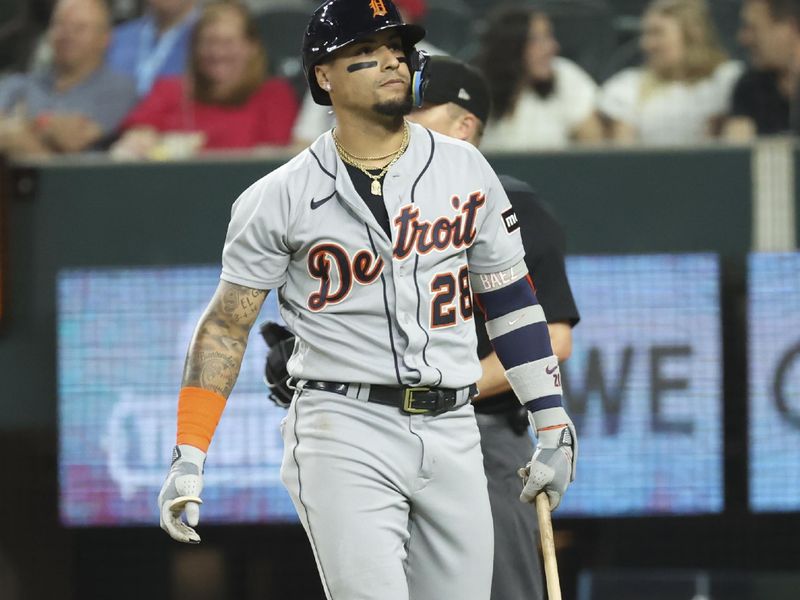 Jun 28, 2023; Arlington, Texas, USA;  Detroit Tigers shortstop Javier Baez (28) reacts after striking out during the fourth inning against the Texas Rangers at Globe Life Field. Mandatory Credit: Kevin Jairaj-USA TODAY Sports