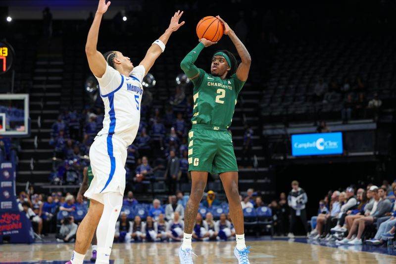 Feb 8, 2026; Memphis, Tennessee, USA; Charlotte 49ers guard Dezayne Mingo (2) shoots the ball against Memphis Tigers guard Curtis Givens III (5) during the second half at FedExForum. Mandatory Credit: Wesley Hale-Imagn Images
