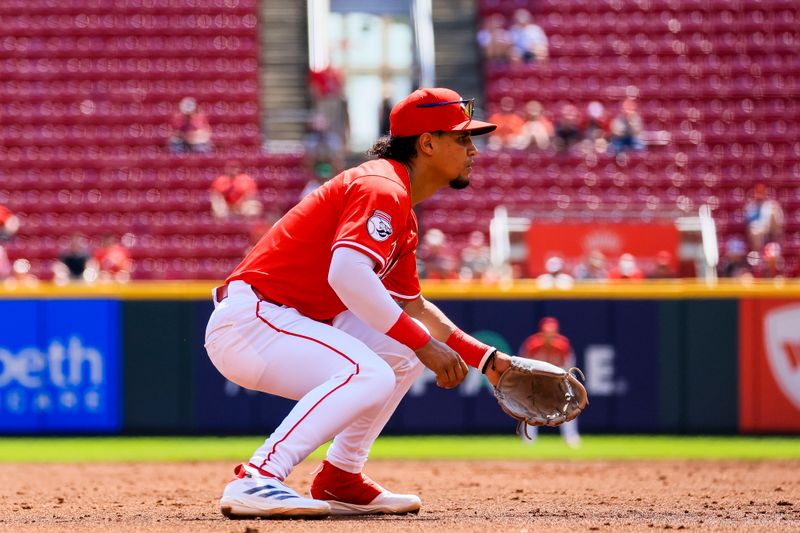 Sep 5, 2024; Cincinnati, Ohio, USA; Cincinnati Reds third baseman Santiago Espinal (4) prepares for the pitch in the third inning against the Houston Astros at Great American Ball Park. Mandatory Credit: Katie Stratman-Imagn Images