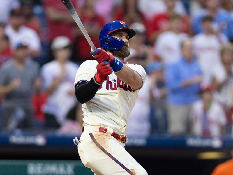 Aug 23, 2023; Philadelphia, Pennsylvania, USA; Philadelphia Phillies designated hitter Bryce Harper (3) hits a three RBI home run during the ninth inning against the San Francisco Giants at Citizens Bank Park. Mandatory Credit: Bill Streicher-USA TODAY Sports