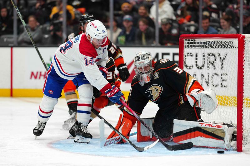 Nov 22, 2023; Anaheim, California, USA; Montreal Canadiens center Nick Suzuki (14) shoots the puck against Anaheim Ducks goaltender John Gibson (36) in the third period at Honda Center. Mandatory Credit: Kirby Lee-USA TODAY Sports