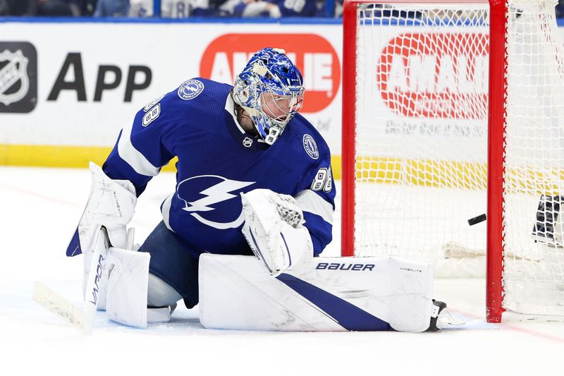 Jan 13, 2024; Tampa, Florida, USA;  a shot from Anaheim Ducks right wing Frank Vatrano (77) (not pictured) goes into the net for a goal past Tampa Bay Lightning goaltender Andrei Vasilevskiy (88) in the second period at Amalie Arena. Mandatory Credit: Nathan Ray Seebeck-USA TODAY Sports