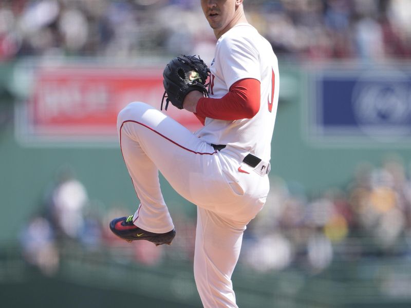 Apr 21, 2025; Boston, Massachusetts, USA; Boston Red Sox pitcher Walker Buehler (0) delivers a pitch against the Chicago White Sox  during the first inning at Fenway Park. Mandatory Credit: Gregory Fisher-Imagn Images