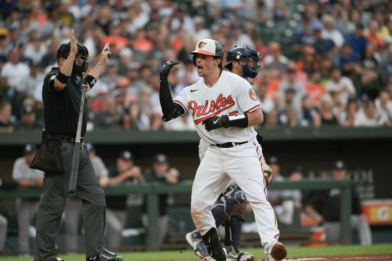 Jul 29, 2023; Baltimore, Maryland, USA;  Baltimore Orioles catcher Adley Rutschman (35) reacts after being hit with a first inning pitch against the New York Yankees at Oriole Park at Camden Yards. Mandatory Credit: Tommy Gilligan-USA TODAY Sports